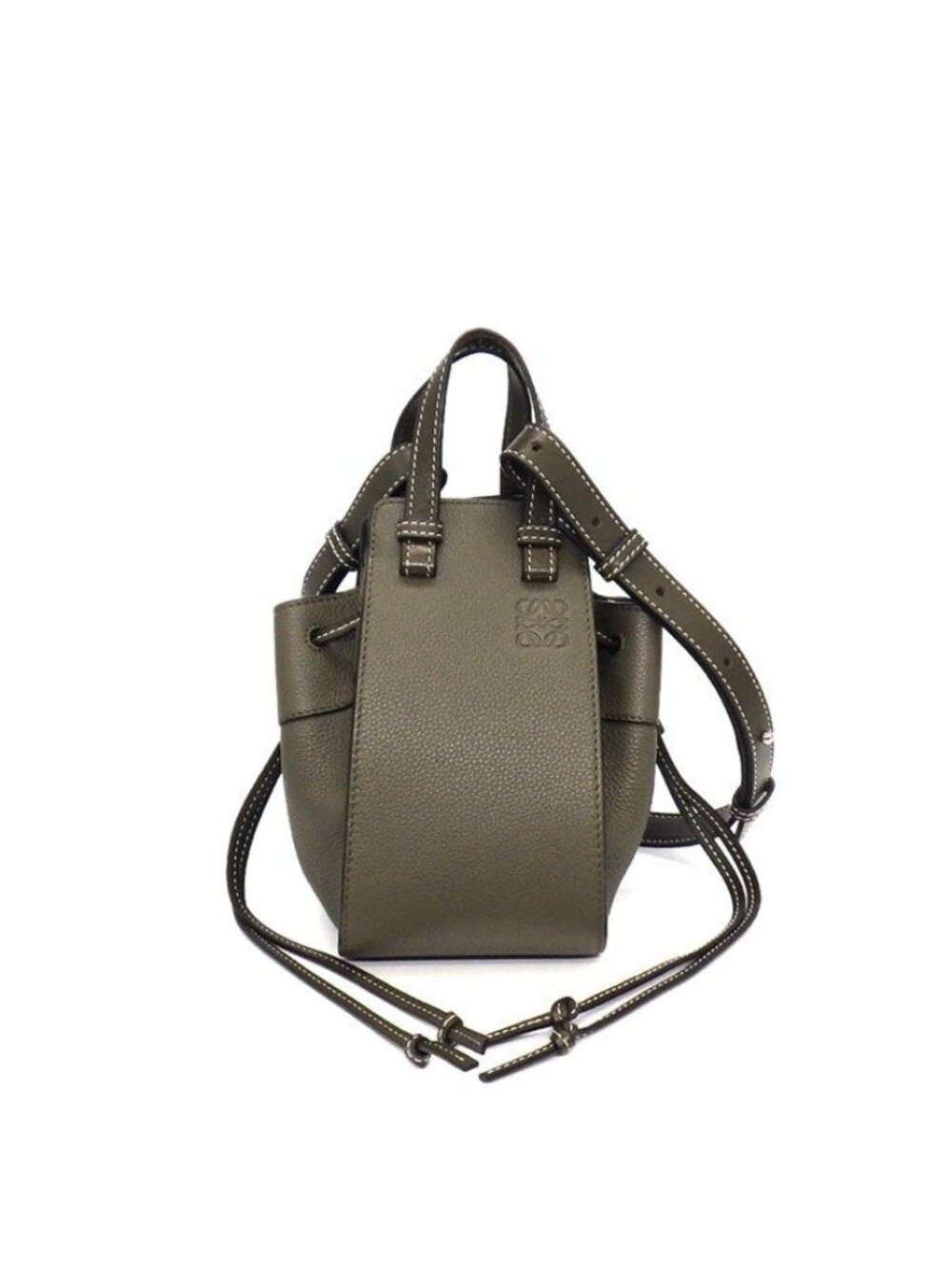 Loewe Shoulder Bag Hammock Drawstring Mini Khaki Green Calfskin Silver